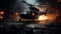 Iconic American Helicopter In Dark Factory Setting With Textural Paint Effects
