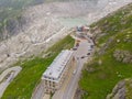 Iconic Belvedere hotel on Furkpass mountain road in Swiss Alps close to Obergoms, Switzerland.