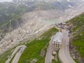 Iconic Belvedere hotel on Furkpass mountain road in Swiss Alps close to Obergoms, Switzerland.