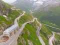 Iconic Belvedere hotel on Furkpass mountain road in Swiss Alps close to Obergoms, Switzerland.