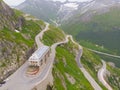 Iconic Belvedere hotel on Furkpass mountain road in Swiss Alps close to Obergoms, Switzerland.