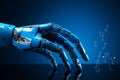 Iconic blue robot hand symbolizes AI tech assistant for industrial business management