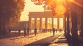 Brandenburg Gate is bathed in the warm glow of an autumn sunrise.