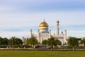 iconic building in Bandar Seri Begawan Brunei,Sultan Omar Ali Saifuddin Mosque with blue sky and white clouds in background