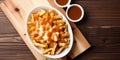 Iconic Canadian Delicacies: Poutine and Maple Syrup Flat Lay Scene