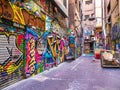 Centre Place Lane in Melbourne, Australia, side view, urban art, shops and cafes