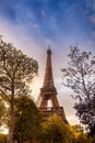 The iconic Eiffel Tower in Paris France, at sunset