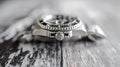 Close-up view of a well-known, Swiss manufactured men`s automatic diving watch seen on a jewellers table. Royalty Free Stock Photo