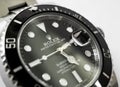 Close-up view of a well-known, Swiss manufactured men`s automatic diving watch seen on a jewellers table.