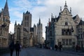 Iconic gothic architecture in Ghent, Belgium Downtown- Saint Nicholas\' Church and Graslei buildings