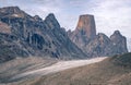 Iconic granite rock of Mt.Asgard towers above Turner glacier in remote arctic valley of Akshayuk pass, Baffin Island