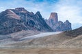 Iconic granite rock of Mt.Asgard towers above Turner glacier in remote arctic valley of Akshayuk pass, Baffin Island