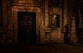 The iconic hidden Pilgrim Shadow in the wall of the Santiago de Compostela Cathedral, Galicia.