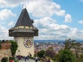 Iconic historic clock tower in the city center of Graz