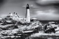 Portland Maine Headlight Winter Scene black and white Royalty Free Stock Photo