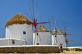 The iconic historic windmills in Mykonos, Greece