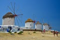 The iconic historic windmills in Mykonos, Greece