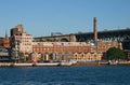 Heritage industrial brick buildings of electric power station with smoke chimney and warehouse in historic Rocks at Sydney harbor