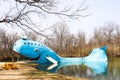 Iconic huge Blue Whale roadside attraction by swimming hole on Route 66 in Oklahoma on a winter day