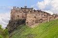 Iconic image of Edinburgh Castle, historic battlements overlooking city from Castle Rock, under white clouds Royalty Free Stock Photo