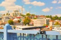 Iconic Istanbul picture. Fishing rod on Galata bridge with Istanbul panorama in the background. Tourism in Turkey. Focus on rod.