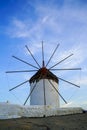 Iconic landmark white old windmills of Mykonos island with blue sky background at Chora Royalty Free Stock Photo