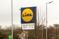 An iconic LIDL sign outside a branch of this international chain store in Newry Northern Ireland on a dull day