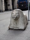 iconic lion statue main shopping street Drottninggatan in Stockholm, Sweden, Europe