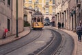 Lisbon, Portugal - Iconic Lisbon tram moving along the streets Royalty Free Stock Photo