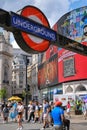 Iconic London undeground sign at Piccadilly Circus.
