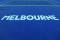 Iconic Melbourne sign at Rod Laver Arena with Wilson tennis ball with Australian Open logo at Australian tennis center Royalty Free Stock Photo