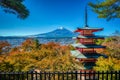 Iconic Mount Fuji with the The Chureito Pagoda of Arakura Sengen Shrine, a seen here in autu