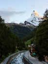 The iconic Mount Matterhorn Peak view from Zermatt village at twilight, Zermatt, Visp, Switzerland, Europe Royalty Free Stock Photo