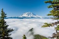 Iconic Mount Rainier in Washington, USA, surrounded by lush green trees and white fluffy clouds