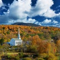 Iconic New England church in Stowe town at autumn Royalty Free Stock Photo