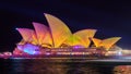 Panoramic view of Sydney Opera House with `Vivid Sydney` lighting