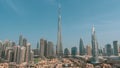 Iconic panorama Dubai Skyline during the day with Burj Khalifa, and other skyscrapers in the Middle East