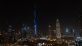 Iconic panorama at sunset of Burj Khalifa lit up with Emaar and Dubai Skyline as sun sets with blue and purple colors and other