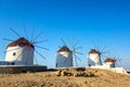 Iconic picture of Mykonos. Famous windmills of Mykonos Island, Greece Royalty Free Stock Photo