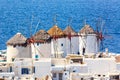 Iconic picture of Mykonos. Famous windmills of Mykonos Island, Greece