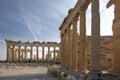 Caryatid Porch of the Erechtheion on the Acropolis at Athens. The ancient Erechtheion temple with the beautiful Caryatid pillars Royalty Free Stock Photo