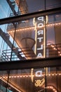 Iconic Portland sign in window reflecting, Downtown Portland