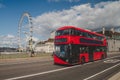 Iconic red double decker bus in London, UK. The London Bus is one of London\'s principal icons, the archetypal red Royalty Free Stock Photo