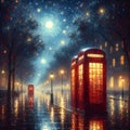 The iconic red phone booth in a rain day, london street, lamp on road, starry night, moonlit, impressionistic, ponting art Royalty Free Stock Photo