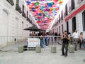 Iconic roof made with multicolored umbrellas from the Linares passage, located between Universidad Avenue and El Venezolano Square