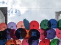 Iconic roof made with multicolored umbrellas from the Linares passage, located between Universidad Avenue and El Venezolano Square