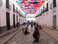 Iconic roof made with multicolored umbrellas from the Linares passage, located between Universidad Avenue and El Venezolano Square