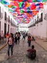 Iconic roof made with multicolored umbrellas from the Linares passage, located between Universidad Avenue and El Venezolano Square