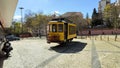 Iconic 1920-s tram car installed as the artwork in Amoreiras neighborhood, Lisbon, Portugal Royalty Free Stock Photo