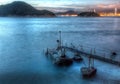 Iconic Sai Wan Swimming Pier and Shed at Dusk with Night Skyline in Kennedy Town, Hong Kong Royalty Free Stock Photo